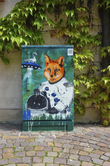 Art is energy, painted electricity box, art in public space, the Friendly Balingen project, art on Balingen electricity boxes, distribution box, fox, goose, UFO, spacesuit, astronaut suit, painting, colourful, art by all for all, social project, street art, Balingen, Zollernalbkreis, Baden-Württemberg, Germany