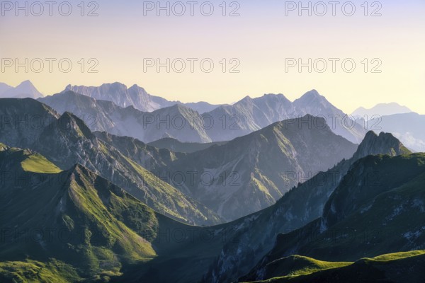 View from Mount Gantrisch, sunset over the Bernese and Fribourg Pre-Alps, Canton of Bern, Switzerland