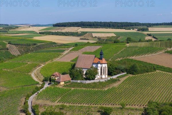 Pilgrimage church Maria im Weingarten, surrounded by vineyards in a hilly landscape, aerial view, near Volkach am Main, Lower Franconia, Mainfranken, Bavaria, Germany