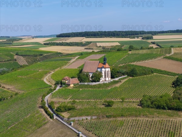 Pilgrimage church Maria im Weingarten, located in a rural setting of vineyards, aerial view, near Volkach am Main, Lower Franconia, Mainfranken, Bavaria, Germany
