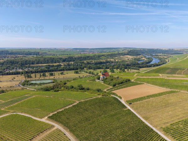 Pilgrimage church Maria im Weingarten, panoramic view of wide vineyards and fields around a church near a river, aerial view, near Volkach am Main, Lower Franconia, Mainfranken, Bavaria, Germany