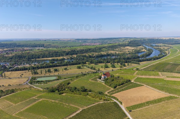 Pilgrimage church Maria im Weingarten, in a wide landscape of vineyards and fields along a large river, aerial view, near Volkach am Main, Lower Franconia, Mainfranken, Bavaria, Germany