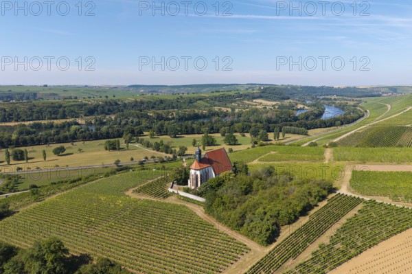 Pilgrimage church Maria im Weingarten, between vineyards, with river and green landscape in the background, aerial view, near Volkach am Main, Lower Franconia, Mainfranken, Bavaria, Germany