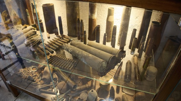 Display case with numerous antique cartridge cases and military equipment, War Museum, Military Museum, Private Military Museum, Platanos, Leros, WW2, Dodecanese, Greek Islands, Greece