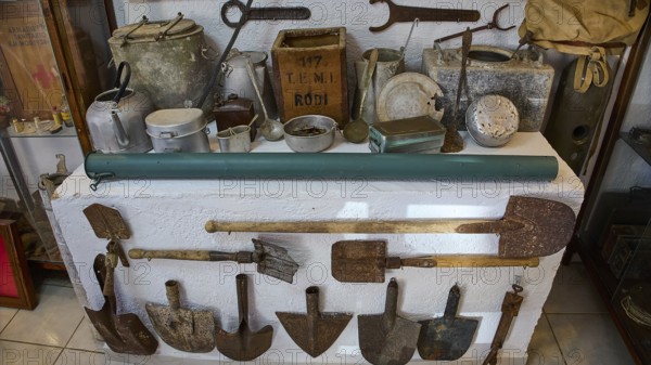 Exhibition of tools and cooking utensils mounted on a wall, War Museum, Military Museum, Private Military Museum, Platanos, Leros, WW2, Dodecanese, Greek Islands, Greece