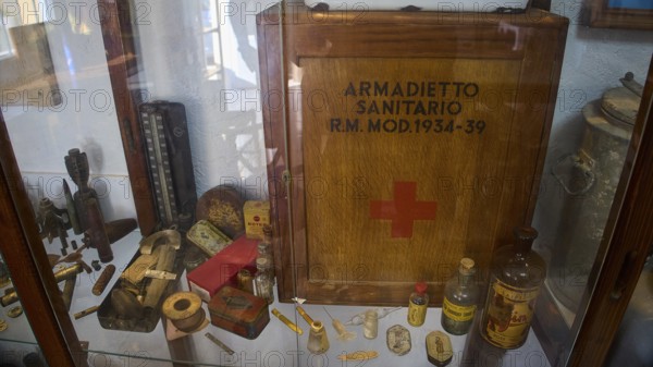 Display case with a first aid kit and medical utensils from the period 1934-39, War Museum, Military Museum, Private Military Museum, Platanos, Leros, WW2, Dodecanese, Greek Islands, Greece