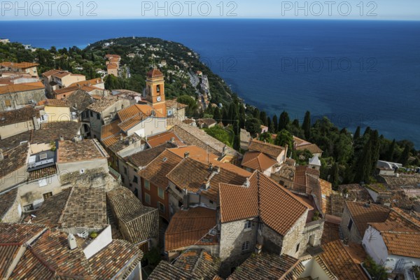 Picturesque mountain village overlooking the sea, Roquebrune, Roquebrune-Cap-Martin, near Monaco, Cote d'Azur, Alpes-Maritimes, Provence-Alpes-Cote-d'Azur, South of France, France