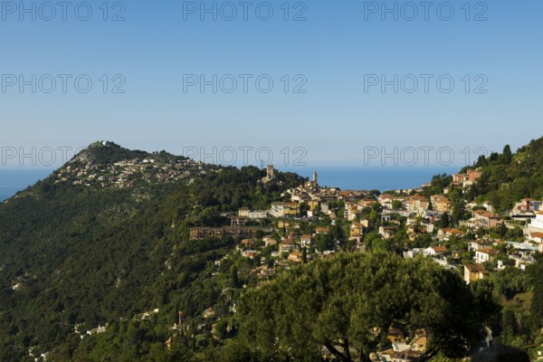 Picturesque mountain village overlooking the sea, La Turbie, near Monaco, Cote d'Azur, Alpes-Maritimes, Provence-Alpes-Cote-d'Azur, South of France, France