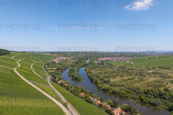 Mainschleife in summer, charburner near Volkach, behind Escherndorf, Nordheim and Vogelsburg, aerial view, Lower Franconia, Franconia, Bavaria, Germany