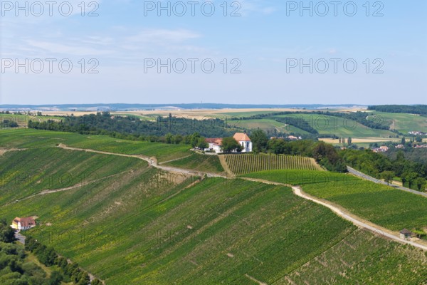 Vogelsburg near Volkach with monastery church of the Protection of the Virgin Mary, aerial view, Mainfranken, Mainschleife, Franconia, Lower Franconia, Bavaria, Germany