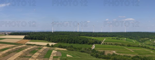 Panoramic view of fields with a wind farm in the background under a blue sky, aerial view, near Volkach, Mainfranken, Mainschleife, Franconia, Lower Franconia, Bavaria, Germany
