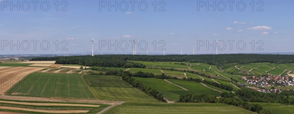 Panoramic view of fields with a wind farm in the background under a blue sky, aerial view, Eisenheim near Volkach, Mainfranken, Mainschleife, Franconia, Lower Franconia, Bavaria, Germany