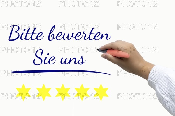 Rating Symbol image: Text PLEASE RATE US next to cropped arm of a woman with writing instrument in hand