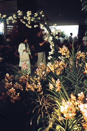 People attending flower show at the Singapore Turf Club, The 4th World Orchid Conference, Singapore, Southeast Asia, October 3-10, 1963