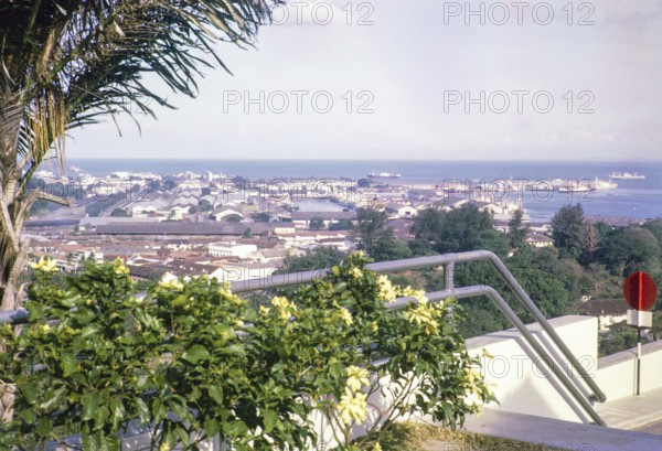 View to port docks, Empire Dock at Keppel Harbour from Mount Faber, Singapore, southeast Asia, 1965