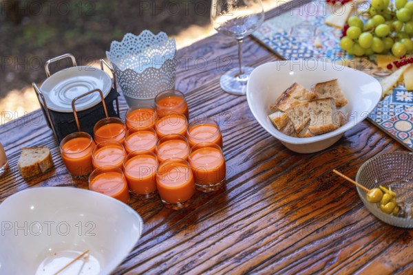 Elegant wedding reception setup featuring appetizers, vibrant decor, and rustic wooden table, creating a charming and inviting atmosphere