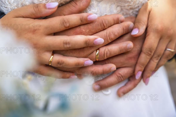 Newlyweds showing their wedding rings while embracing each other, celebrating their love and commitment