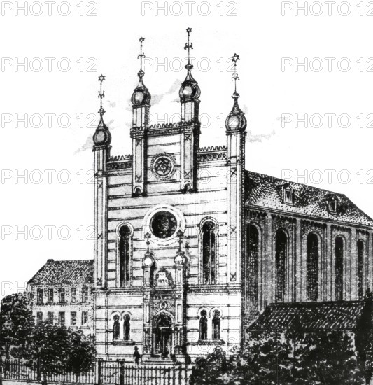 The synagogue of Neuss around 1870, North Rhine-Westphalia, Germany, Historical, digitally restored reproduction from a 19th century original, Record date not stated
