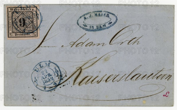 9 Kreuzer stamp from Württemberg on a letter to Ulm, 1852, Germany, Historical, digitally restored reproduction from a 19th century original, Record date not stated