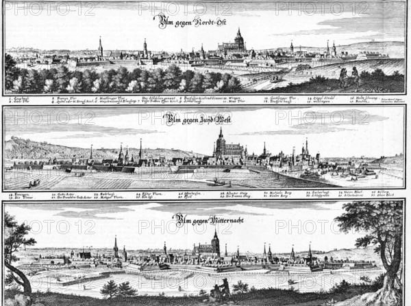 The city of Ulm in 1650, Baden-Württemberg, Germany, Historical, digitally restored reproduction from a 19th century original, Record date not stated