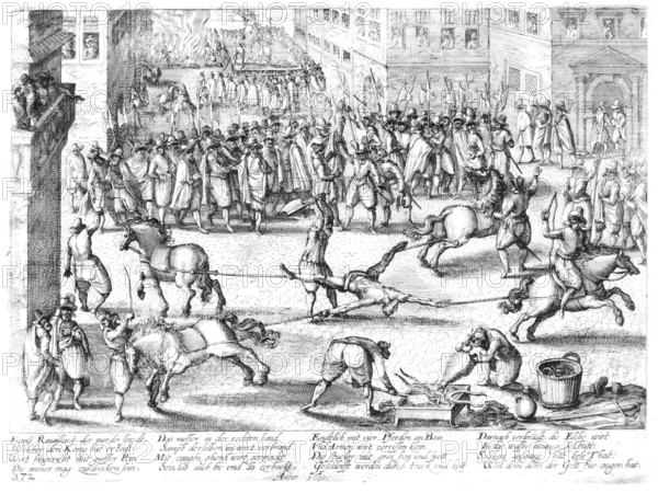 Execution of the regicide Francois Ravaillac (born 1578 in Touvre near Angoulême, died 27 May 1610 in Paris) was the murderer of King Henry IV of France. Ravaillac was publicly executed for the crime in Paris in 1610, Historical, digitally restored reproduction from a 19th century original, Record date not stated