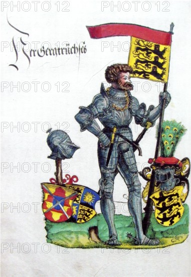 Georg III Truchsess of Waldburg (born 25 January 1488 in forest lake, died 29 May 1531 in Stuttgart) was a German military leader also known as Bauernjörg and the best-known representative of the House of Waldburg in the 16th century, here on a coloured woodcut by Hans Burgkmair the Elder, Historical, digitally restored reproduction from a 19th century original, Record date not stated