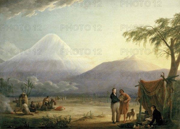 Friedrich Wilhelm Heinrich Alexander von Humboldt (b. 14 September 1769 in Berlin, d. 6 May 1859 in Berlin), German explorer with a field of activity extending far beyond Europe, in the background the Chimborazo volcano, Painting by Friedrich Georg Weitsch, Historical, digitally restored reproduction from a 19th century original, Record date not stated