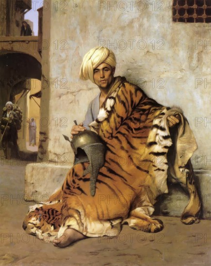 Saracen Fur Trader with a Tiger Skin, Painting by Jean-Leon Gerome, Historical, digitally restored reproduction from a 19th century original, Record date not stated
