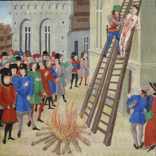 The Execution of Hugh le Despenser, from a manuscript by Jean Froissart, 1470, Sir Hugh le Despenser (born 1286, died 24 November 1326 in Hereford) was an English courtier and politician, Historical, digitally restored reproduction from a 19th century original, Record date not stated
