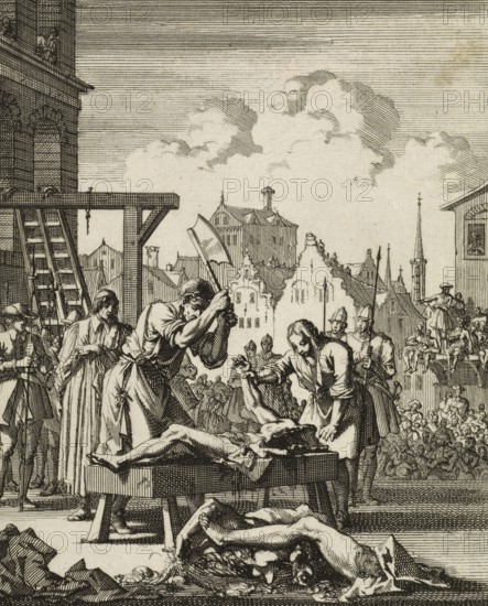 Execution of Sir Thomas Armstrong (born around 1633 in Nijmegen, died 20 June 1684 in London), English officer and politician, sentenced to death by hanging, disembowelling and quartering and executed on 20 June 1684. His head was impaled on Westminster Hall, three of his body parts were exhibited in London, a fourth in Stafford, Historic, digitally restored reproduction from a 19th century original, Record date not stated