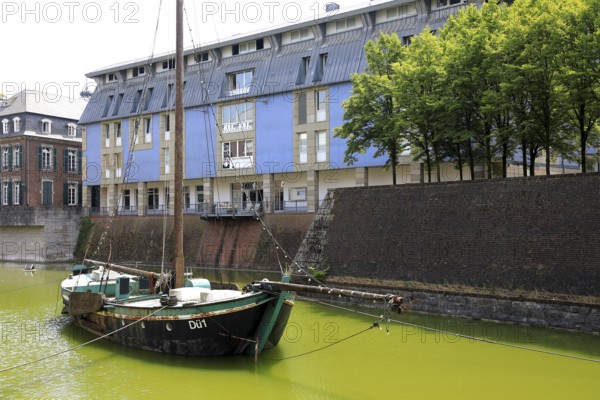 Ship Aalschokker DÜ1 in the Old Harbour, Düsseldorf, North Rhine-Westphalia, Germany