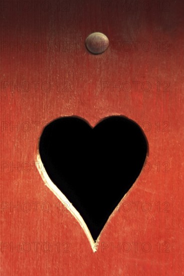 A heart-shaped cutout in a red wooden surface adds a whimsical touch. The contrasting dark interior evokes feelings of love and warmth