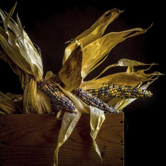 Multicolored corn displayed on wooden box with dried husks under warm light