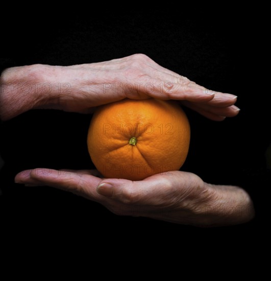 Two hands gently cradle a bright orange in a striking dark setting for a stunning visual focus on the fruit