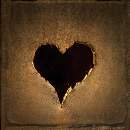Heart-shaped cutout in a weathered wooden door adds charm and warmth to the rustic setting