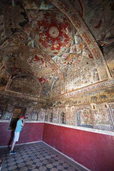 Paintings on the wall and ceiling in the Garh Palace or Rajput Palace, Bundi, Rajasthan, India
