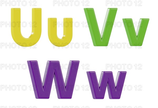 Colorful angled uppercase and lowercase magnetic plastic letters U through W isolated on a white background