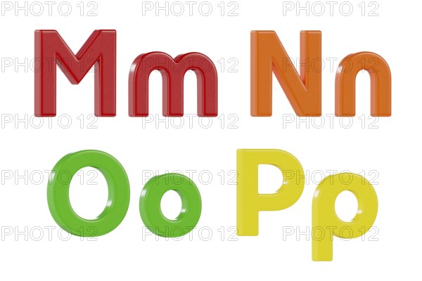Colorful angled uppercase and lowercase magnetic plastic letters M through P isolated on a white background