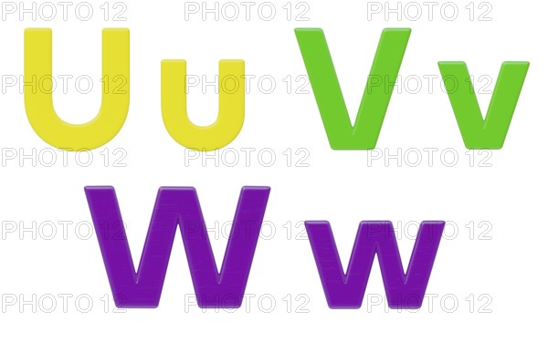 Colorful flat uppercase and lowercase magnetic plastic letters U through W isolated on a white background