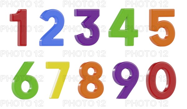 Colorful angled magnetic plastic numbers zero through nine isolated on a white background
