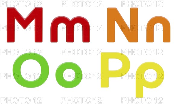 Colorful flat uppercase and lowercase magnetic plastic letters M through P isolated on a white background