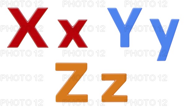 Colorful flat uppercase and lowercase magnetic plastic letters X through Z isolated on a white background