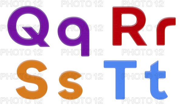 Colorful flat uppercase and lowercase magnetic plastic letters Q through T isolated on a white background