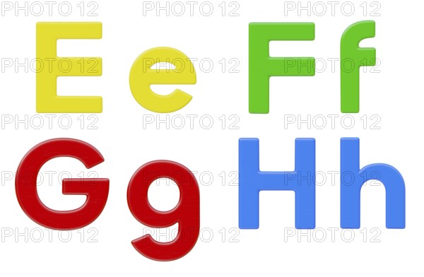 Colorful flat uppercase and lowercase magnetic plastic letters E through H isolated on a white background