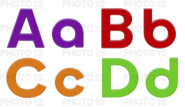 Colorful flat uppercase and lowercase magnetic plastic letters A through D isolated on a white background