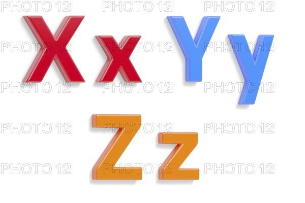 Colorful angled uppercase and lowercase magnetic plastic letters X through Z with drop shadows isolated on a white background