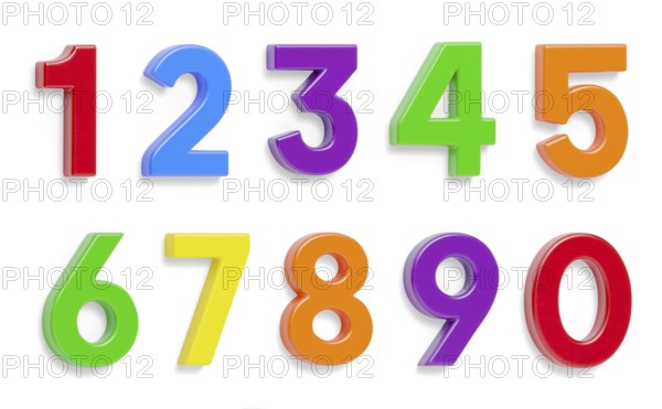 Colorful flat magnetic plastic numbers set zero through nine with drop shadows isolated on a white background