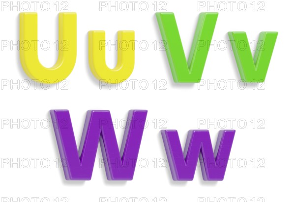 Colorful angled uppercase and lowercase magnetic plastic letters U through W with drop shadows isolated on a white background