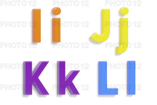 Colorful angled uppercase and lowercase magnetic plastic letters I through L with drop shadows isolated on a white background