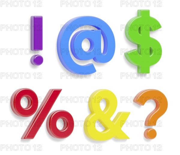 Colorful angled magnetic plastic characters set with drop shadows isolated on a white background